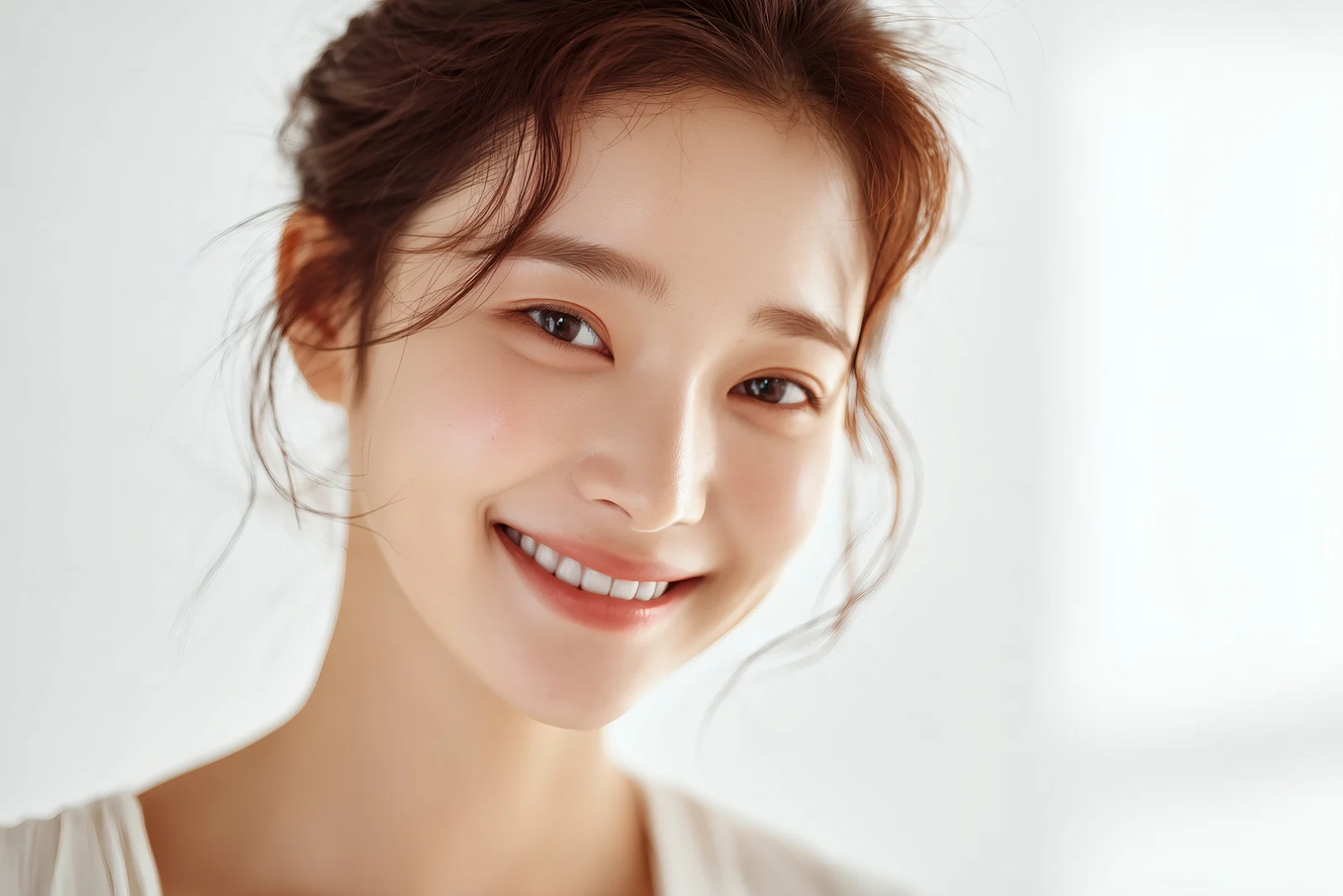 라미네이트 치료 후 자연스럽게 미소 짓는 여성